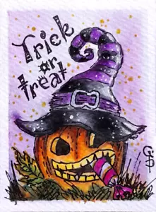 ACEO Halloween Pumpkin Painting Collectible Watercolor Card by Ginna Paola - Picture 1 of 3