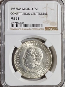 Mexico 5 Pesos 1957 Mo Constitution Centennial NGC MS 63 - Picture 1 of 2