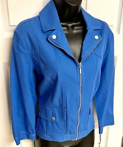 Ruby Rd. Denim Jean Jacket Size 10 Stretch 3/4 Sleeves Bright Blue Zip Front New - Picture 1 of 8