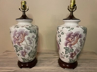 Vintage Chinoiserie Floral Table Lamps Asian Hollywood Regency Pink Purple Decor - Image 1 of 4