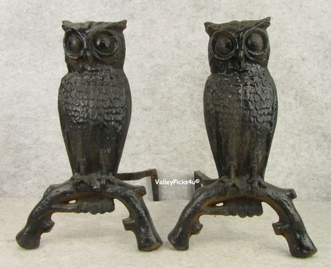 Vintage Cast Iron Owl Bird Fireplace Hearth Fire Log Bars Andirons Cover