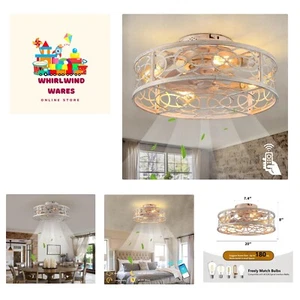 20" Small Ceiling Fans with Lights and Remote,Caged Farmhouse White Brush Gol... - Picture 1 of 10