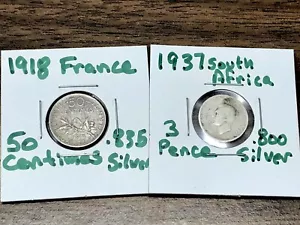 2 SILVER COIN LOT - 1918 FRANCE 50 CENTIMES .835 1937 SOUTH AFRICA 3 PENCE .800 - Picture 1 of 2