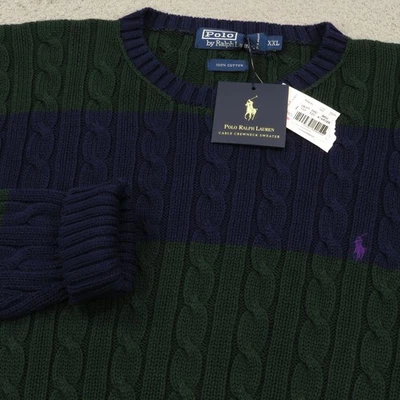 De Colección Polo Ralph Lauren Suéter Para Hombres XXL Grueso Tejido con Cable Tartán Rayas Azul Marino Poni Foto 1 de 4
