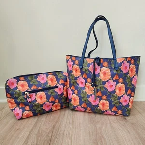 Blue And Pink Kelly & Katie Floral Handbag Purse And Pouch Strap Handles And Zip - Picture 1 of 10