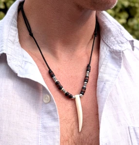 Mens Bead Pendant Necklace Arrowhead Sword Spike Barb Tusk Surf Wolf Tooth - Picture 1 of 8