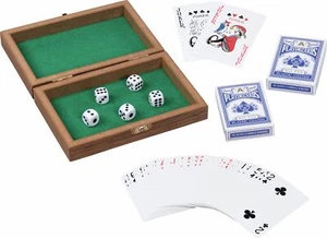 SCATOLA CARTE DA GIOCO con 5 dadi e 2 mazzi di carte a 54 carte scatola in legno gioco da viaggio - Foto 1 di 3