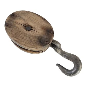 Industrielle Holz Riemenscheibe und Eisenhaken, Bauernhaus Pendelleuchte, primitiv - Bild 1 von 5