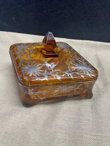 Candy Serving Dish and Lid Glass Vintage Amber Color Silver Overlay - Picture 1 of 24