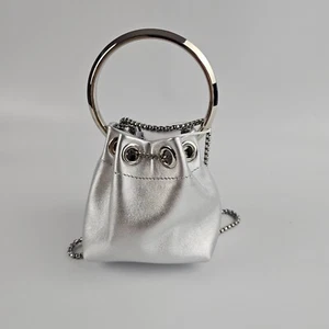 JIMMY CHOO Bon Bon Micro $950 Silver Metallic Nappa Leather Top Handle Bag New - Picture 1 of 16