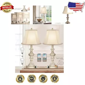 3-Way Dimmable Touch Control Lamps Set with Faux Silk Shade - USB Friendly - Picture 1 of 10