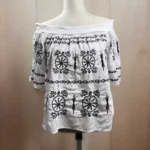 Crown & Ivy Top L Peasant White Navy Embroidered Off Shoulder Smocked Boho Sexy - Picture 1 of 9