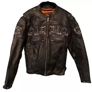 Leather Motorcycle Jacket Mens XL Black Reflective Skulls Lined Biker - Picture 1 of 12