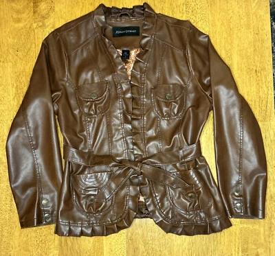 Ashley Stewart кожаная куртка ПВХ коричневый открытый спереди оборки отделки 1 X длинным рукавом - Изображение 1 из 4