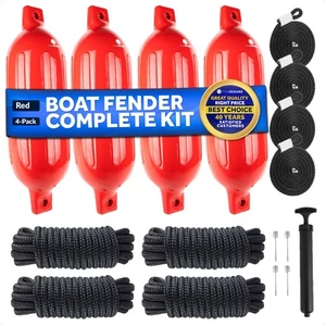 Boat Fenders Complete Set, Red 6.5" x 23", Includes 3/8" x 15' Dock Lines - Picture 1 of 9