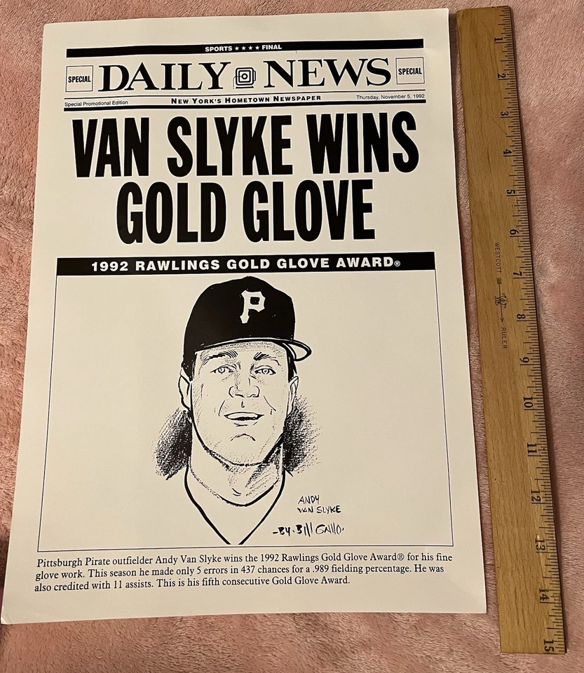 Póster ganador del Guante de Oro Andy Van Slyke Piratas de Pittsburgh 1992 por Bill Gallo Foto 1 de 1