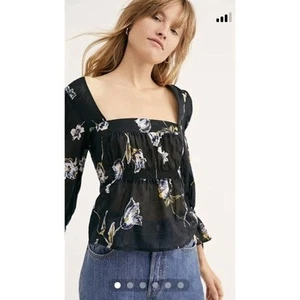 Free People Cherish The Light Black Floral Printed Blouse Size Large Boho - Picture 1 of 11
