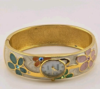 JOAN RIVERS RETIRED CLOISONNE FLOWERS ENAMEL☆RHINESTONES WATCH BRACELET☆NEW BATT - Image 1 of 4