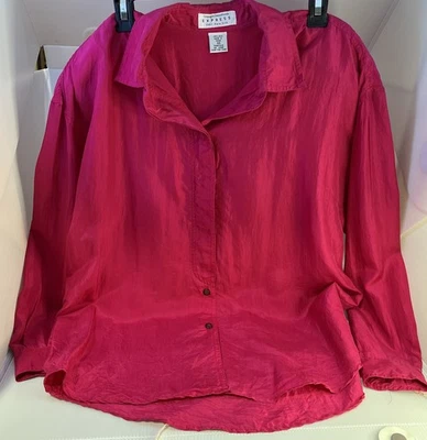 Blusa Top Camisa Vintage Express 100% Seda, Rosa Fucsia Almohadillas para el Hombro Talla XS Foto 1 de 4