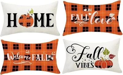 4 Fall Throw Pillow Covers 12x20 Pumpkin Maple Leaves Welcome Farmhouse Autumn - image 1 of 4