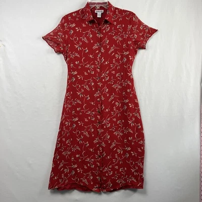 Vintage Robbie Bee Shirt Dress size 8 Floral Button Up 100% Silk Red Secretary - Image 1 of 4