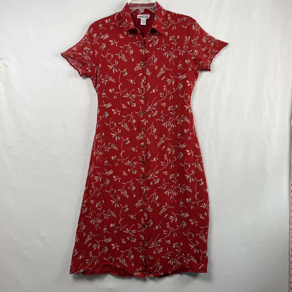 Vestido Camisa Vintage Robbie Bee Talla 8 Floral Abotonada 100% Seda Rojo Secretaria Foto 1 de 4