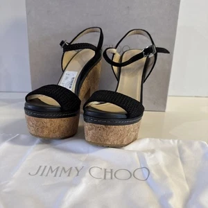 Jimmy Choo Naylor 135 Platform Sandals Black Suede Cork Block Size 38.5 US 8.5 - Picture 1 of 8
