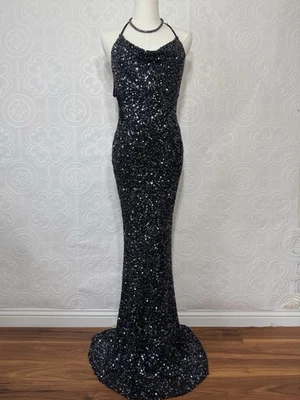 Vintage Scala Maxi Dress Womens Medium Black Silk Sequin Formal Halter Fairy - Image 1 of 4