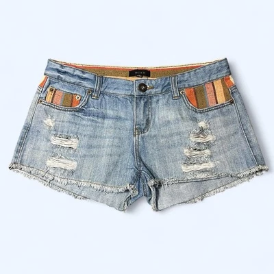 Boho Denim Blue Orange Striped Shorts Sz M Mine Retro Cut Off Lowrise Festival - Image 1 of 4