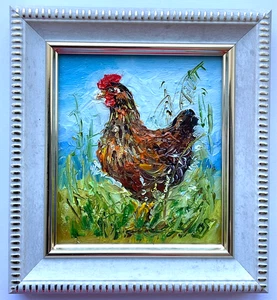 Chicken miniature painting Original oil painting framed bird art 3x2.5in - Picture 1 of 5
