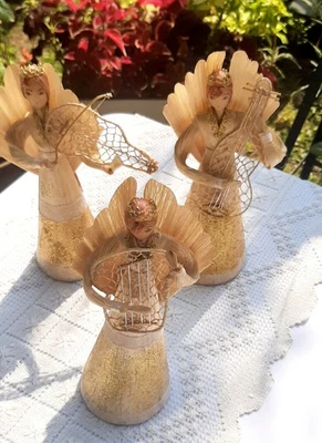 Lote de 3 ángeles vintage de cáscara de seda de maíz de paja con brillo dorado coro de Navidad Foto 1 de 4