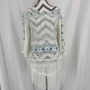 Roaman's Lace Blouse Womens Plus Size 1X 22W White & Blue Dressy Babydoll - Picture 1 of 6