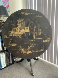 Chinese Lacquer Table Antique Black Gold Painted Art Tilt Top Round 18th c - Picture 1 of 12