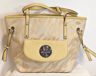 Linda bolsa grande de tecido com estampa de zebra amarela e branca ANNE KLEIN com forro marrom - Imagem 1 de 4