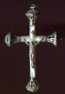 VICTORIAN  PECTORAL CROSS CRUCIFIX- STERLING SILVER MOTHER OF PEARL- ROUND SHAPE - Picture 1 of 3