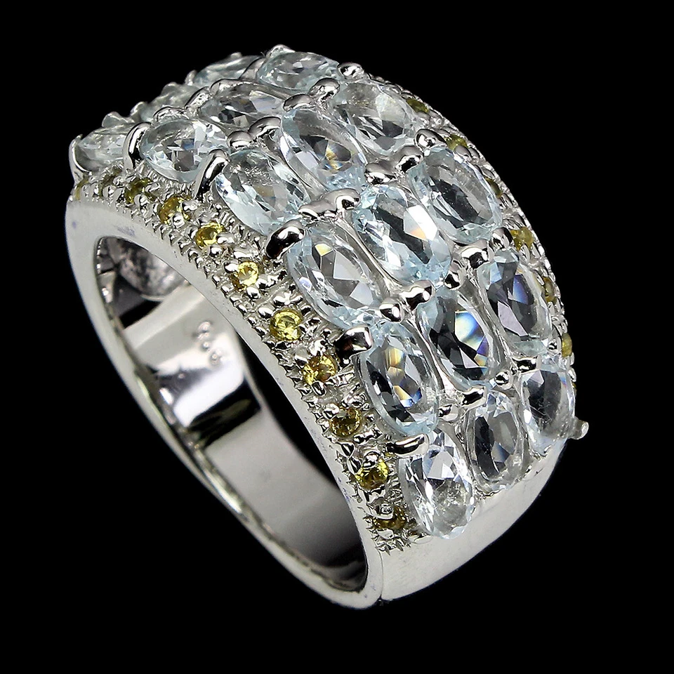 925 Sterling Silver Ring Oval Aquamarine Sapphire Diamond Cut Gemstone Jewelry - Image 1 of 4
