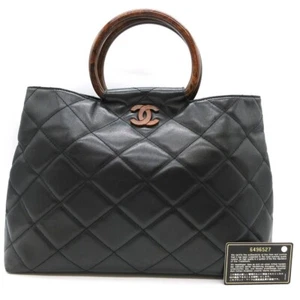 CHANEL CC Matelasse Hand Bag Wood Handle Leather Black Italy M700 - Picture 1 of 16