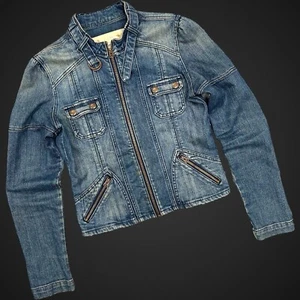 Abercrombie & Fitch Zip Up Jean Jacket Cafe Collar 100% Cotton Vintage Denim Y2K - Picture 1 of 13