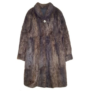Women REAL FUR Beaver Coat Flare Hem Puff Sleeve Immaculate Long Jacket Brown M - Picture 1 of 10