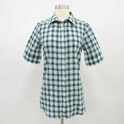Elizabeth & James 衬衫上衣 XS 纽扣背面格子绿色蓝色短袖 — 第 1/4 张图片