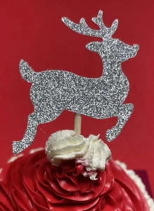 12 Reindeer cupcake toppers Silver glitter Christmas Xmas Rudolph cake cup 5cm - Picture 1 of 8