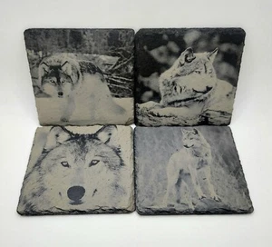 CLEARANCE: Wildlife Series - The Wolves - Laser Engraved Slate Coaster Set Of 4 - Picture 1 of 6