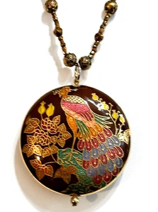 Vintage Peacock Double Sided Burgundy Cloisonne Enamel Bronze Tone Necklace - Picture 1 of 6