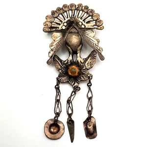 Peruvian Peacock Tupu Pin AS IS Silvertone Brooch with Dangles Yellow Stone - Picture 1 of 8