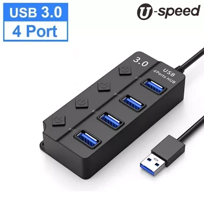 4 Port USB 3.0 2.0 Hub USB Splitter Adapter  Multi-Port Independent Power Switch - Image 1 of 4