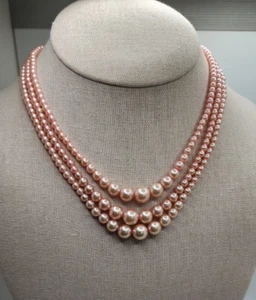 Vtg 3 Strand Graduated Faux Pearl Necklace 18 Inch Pale Pink - Picture 1 of 5