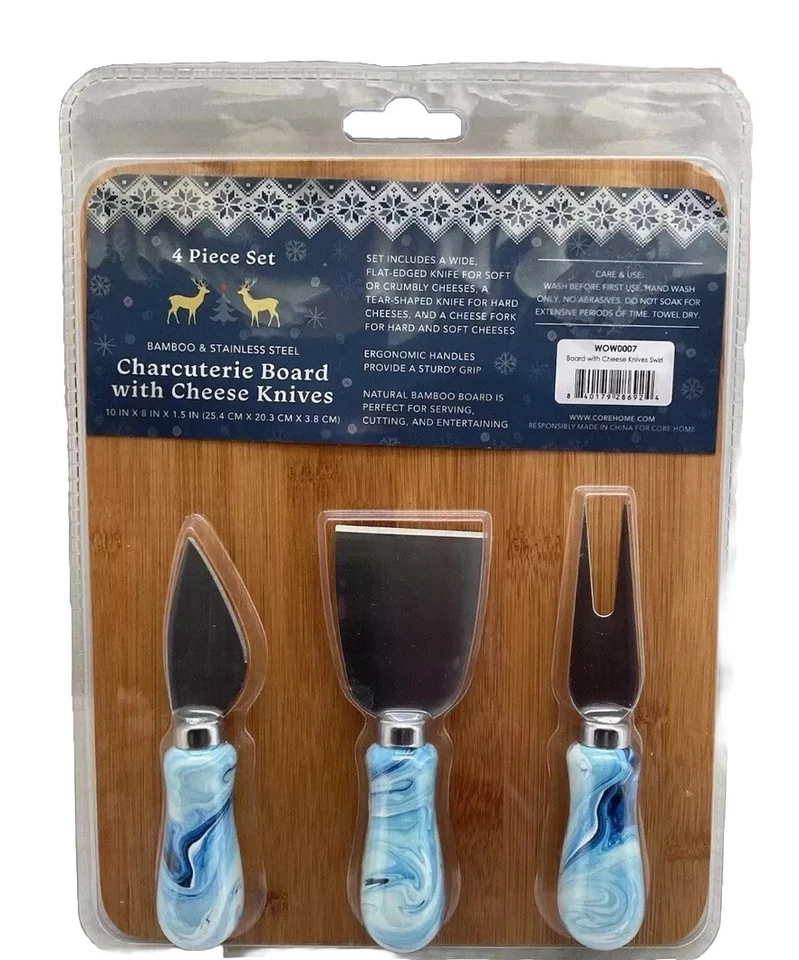 Tabla de Charcutería con Queso Juego 4 Piezas Remolino Azul Blanco Bambú Nuevo Foto 1 de 4