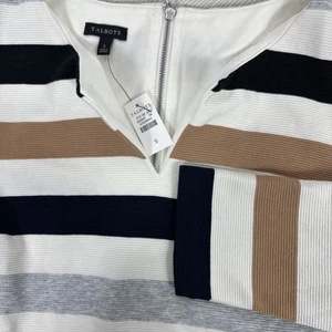 NWT Talbots Womens Small V Neck  Striped Shirt 3/4 Sleeve Blouse Ribbed Zipper - Picture 1 of 8