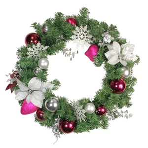 NORTHLIGHT 24" Pre-Decorated Silver Poinsettia/Eucalyptus/Purple Ornament Wreath - Picture 1 of 3