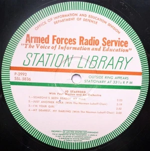 Jo Stafford Station Library 16" Armed Forces Radio Service P2991 VG 1950s US... - Bild 1 von 6
